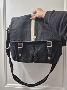 Coach Black Messenger Bag with Cream Stripe